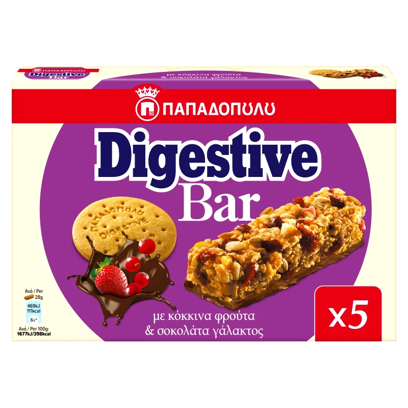 ΠΑΠΑΔΟΠΟΥΛΟΥ Μπάρες Δημητριακών Digestive Κόκκινα Φρούτα Σοκολάτα 5x28g