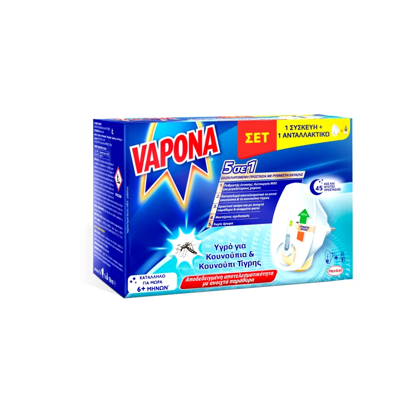 VAPONA Αντικουνουπικό Υγρό Σετ Συσκευή με Ανταλλακτικό 45 Νύχτες 1 Τεμάχιο