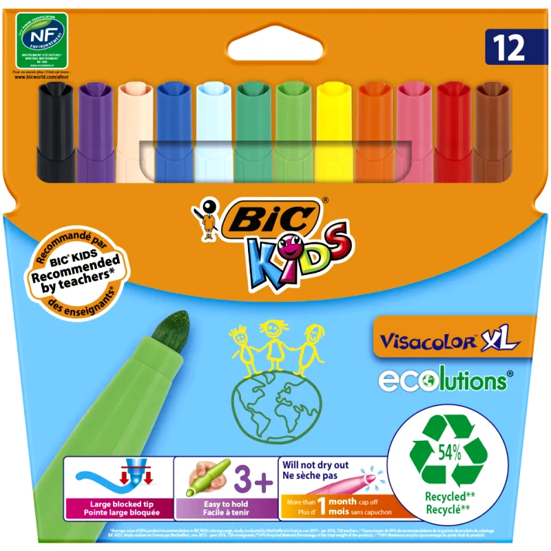 BIC Μαρκαδόροι Ζωγραφικής Kids Visacolor XL Διάφορα Χρώματα 12 Τεμάχια