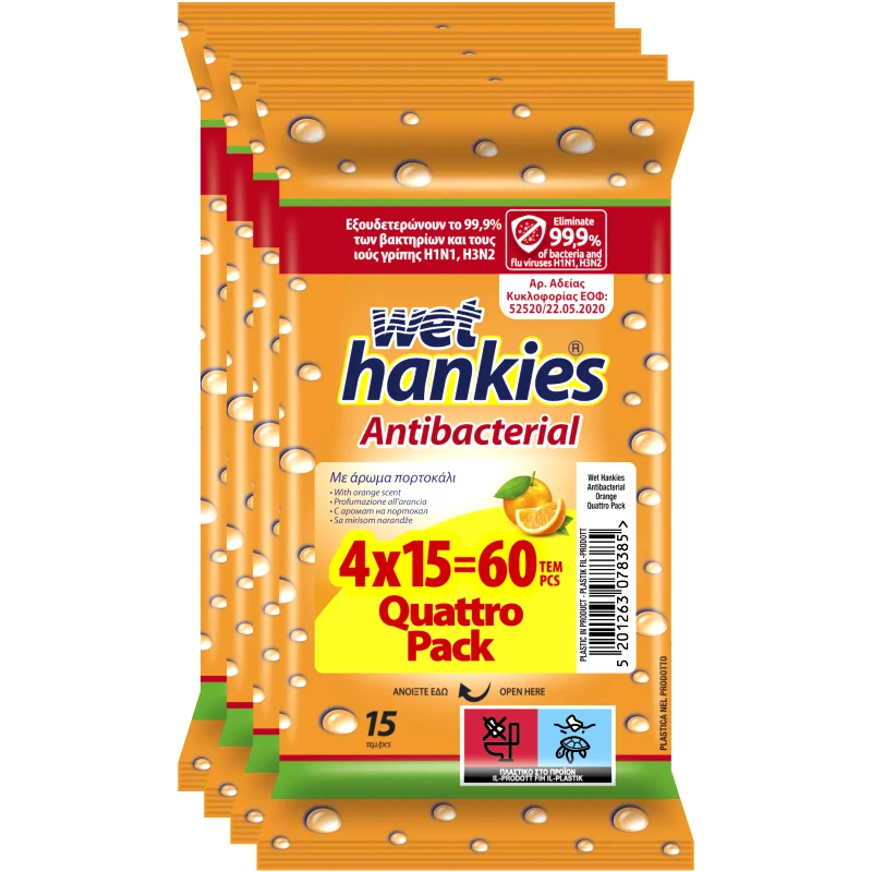 WET HANKIES Αντιβακτηριδιακά Μαντηλάκια Πορτοκάλι 4x15 Τεμάχια