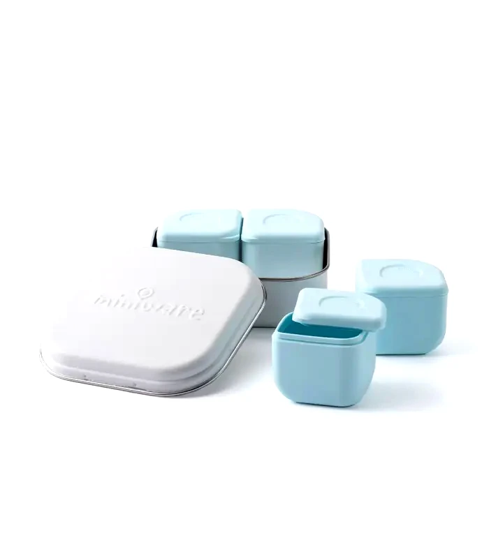 Baby Oliver Miniware Des.11 Δοχείο Φαγητού Inox Σιέλ 15X15Cm Με 2 Αποθηκευτικά Δοχεία Σιλικόνης