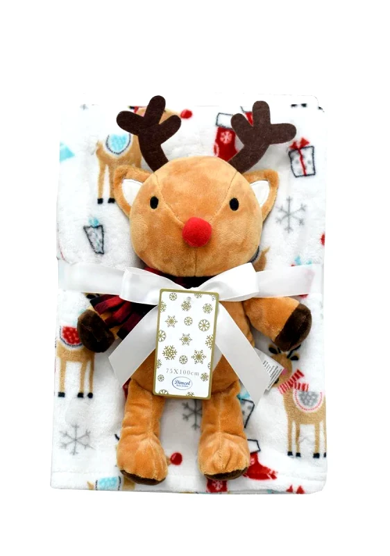 Dimcol Χριστουγεννιάτικο Λούτρινο Σετ 2 Τεμ- Dimcol Reindeer 28 Ύψος 30 cm & Κουβέρτα Αγκαλιάς Coral Fleece 75x100cm White