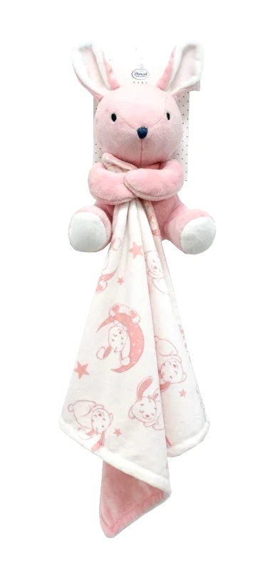 Dimcol Λούτρινο Ζωάκι με Πανάκι Παρηγορίας Coral Fleece Ψηφιακής Εκτύπωσης Dimcol Bunny 14 Ύψος 20 cm Pink