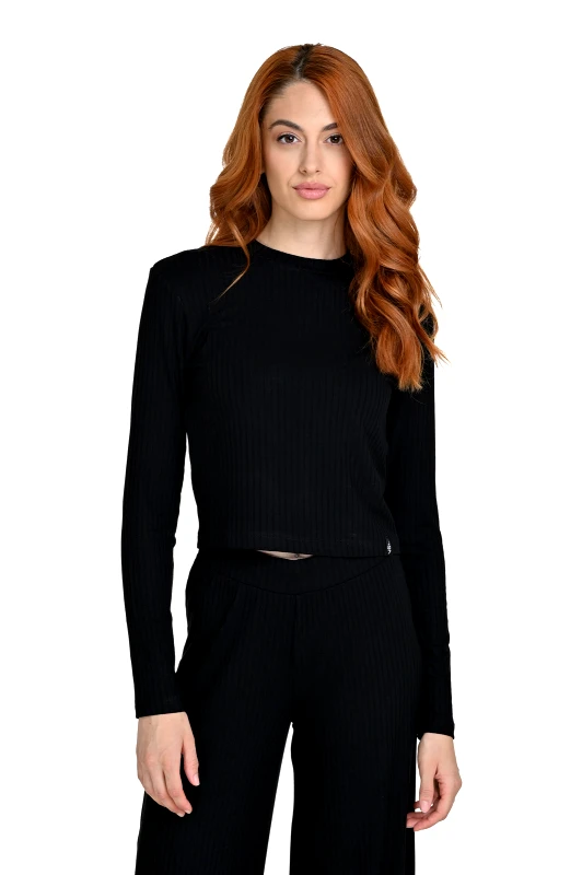 Target Target - T SHIRT LONG SLEEVE RIB VISCOSE - ΜΑΥΡΟ