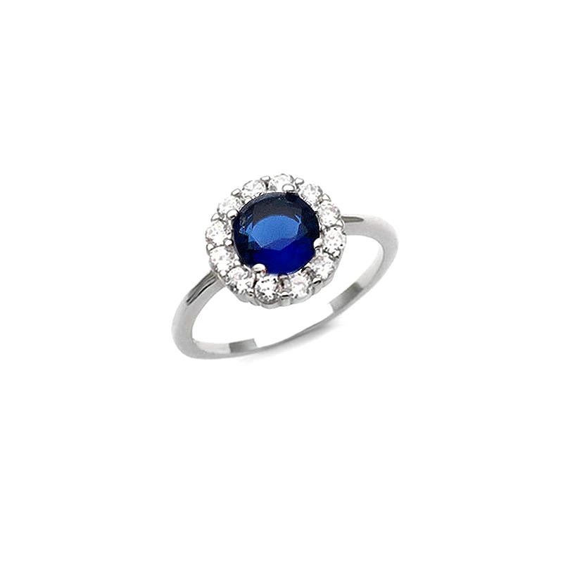 Asimenio Δαχτυλίδι γυναικείο ροζέτα με μπλε πέτρα ασημένιο DA116
