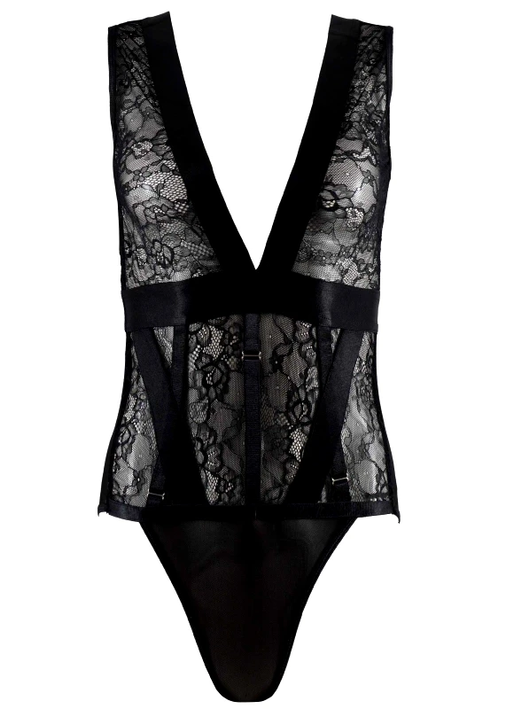 gsecret Γυναικείο κορμάκι ελαστική δαντέλα saten λεπτομέρειες. Sensual Collection. ΜΑΥΡΟ