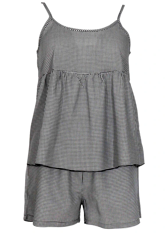 gsecret Γυναικείο baby-doll petit καρώ αυξομειώμενο λεπτό ραντάκι σόρτς με λάστιχο. ΜΑΥΡΟ