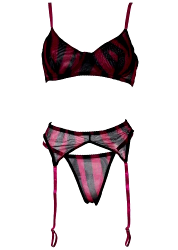 gsecret Γυναικείο σετ bralette print stripes ζαρτιέρα & string. Συσκευασία 3pack ΜΩΒ