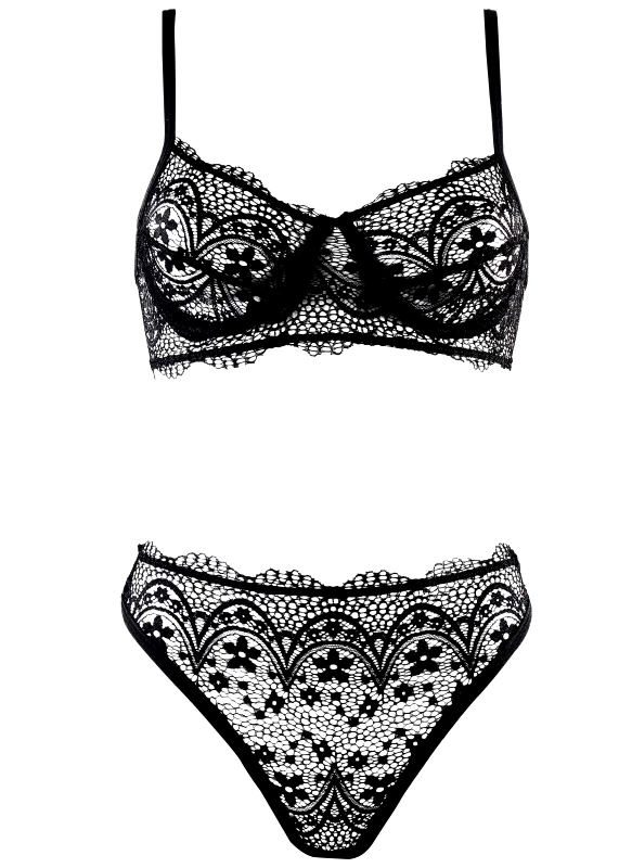 gsecret Γυναικείο set εσώρουχα bra ελαστική δαντέλα μπανέλα brief string. ΜΑΥΡΟ