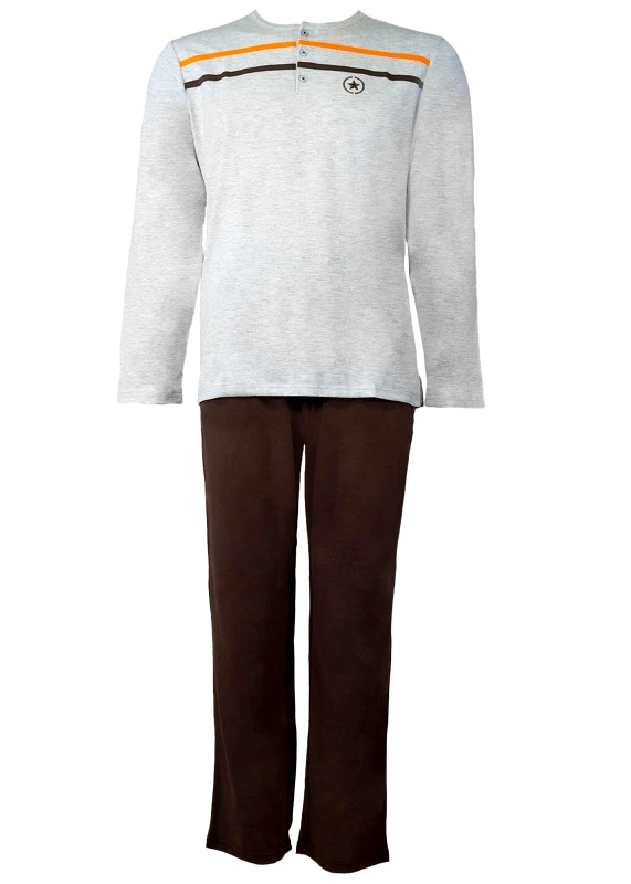 gsecret Ανδρική πιτζάμα σέτ μπλούζα διχρωμία κουμπιά παντελόνι μονόχρωμο τσέπες κορδόνι ΓΚΡΙ