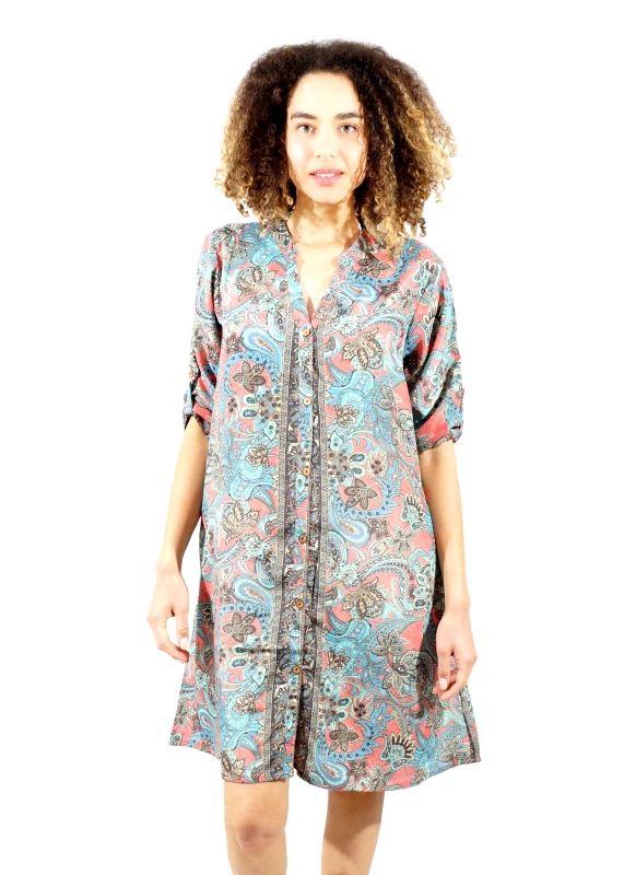 gsecret Γυναικεία πουκαμίσα φόρεμα παραλίας mao γιακάς τσέπες all print. INDIGO