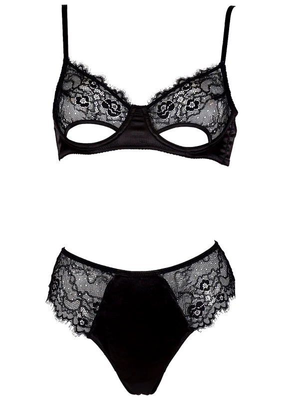 gsecret Γυναικείο σετ sexy bralette δαντέλα cut-out brazil saten δαντέλα ιδιαίτερη πίσω όψη ΜΑΥΡΟ