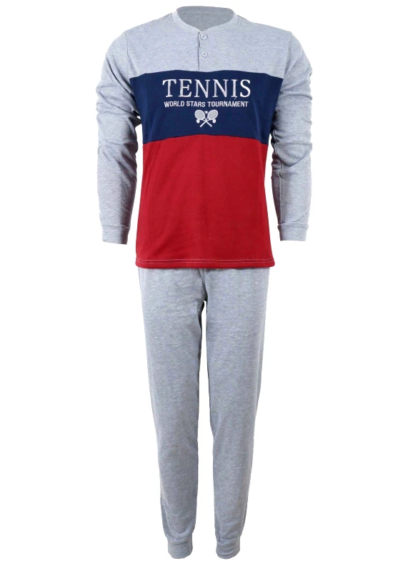 gsecret Ανδρική πυτζάμα με κουμπιά κέντημα Tennis παντελόνι λάστιχο κάτω. ΓΚΡΙ