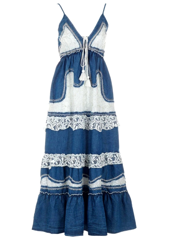 Alex Max Γυναικείο maxi φόρεμα jean και δαντέλα.Boho Style JEAN