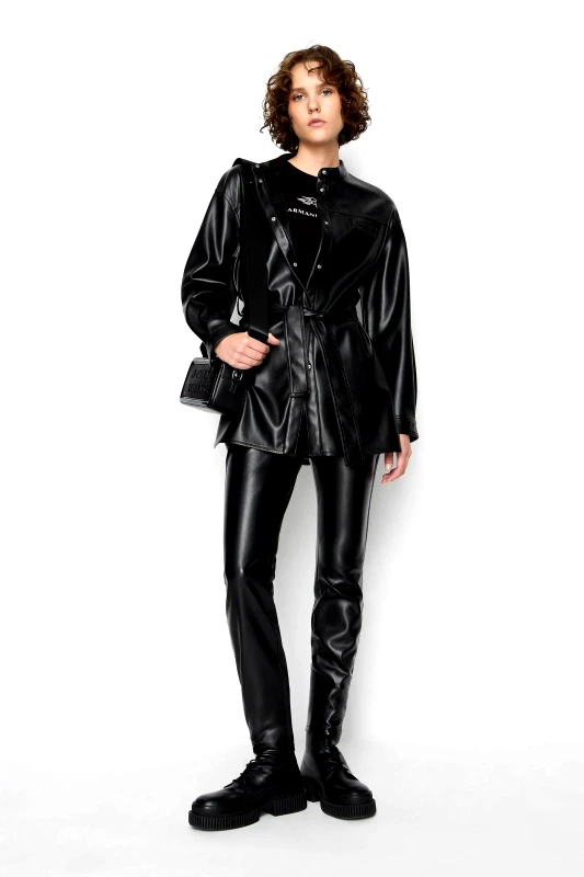 ARMANI EXCHANGE Armani Exchange γυναικείο faux leather παντελόνι με contrast ρίγα στο πλάι Skinny Fit - 6RYP32YN8PZ Μαύρο
