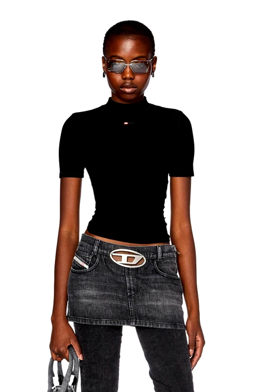 DIESEL Diesel γυναικείο T-shirt ribbed μονόχρωμο με λογότυπο Slim Fit ''T-Mokky-Microdiv'' - W24A103980BLAN Μαύρο