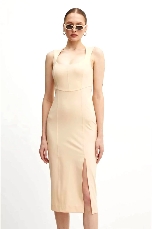 PATRIZIA PEPE Patrizia Pepe γυναικείο midi φόρεμα με σκίσιμο Slim Fit - 8A1401A110 Μπεζ