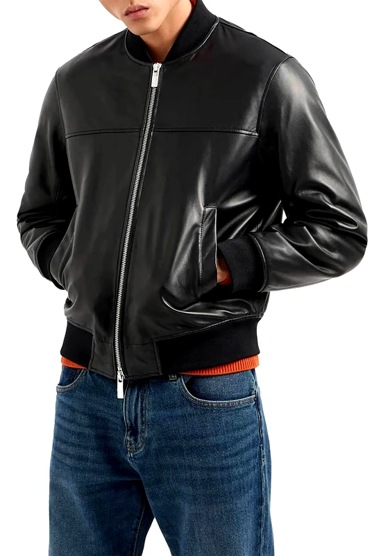 ARMANI EXCHANGE Armani Exchange ανδρικό δερμάτινο μπουφάν bomber με τσέπες Regular Fit - XM000104AF10500 Μαύρο