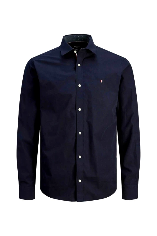 JACK & JONES JACK & JONES ανδρικό πουκάμισο μονόχρωμο με κεντημένο λογότυπο - 12226773 Σκούρο Μπλε