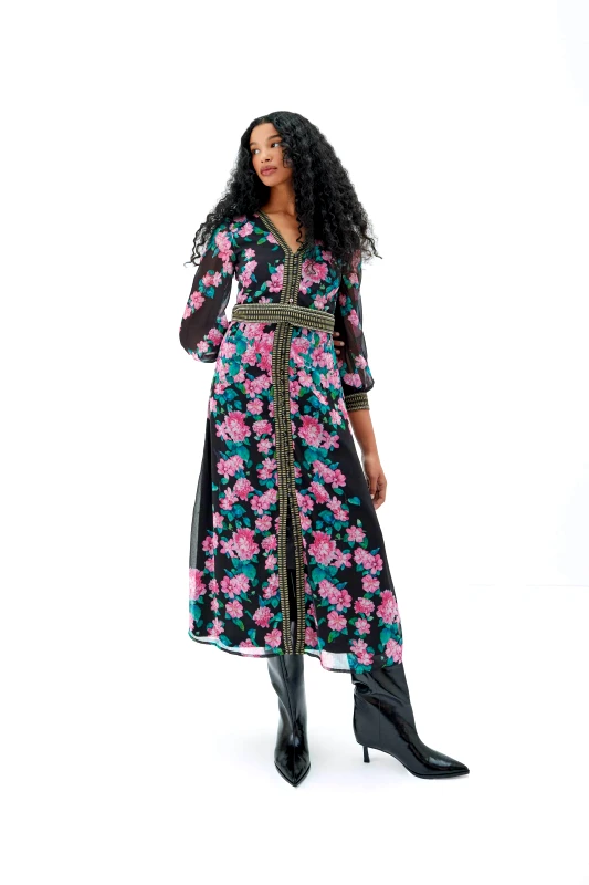 RAISHMA Raishma γυναικείο φόρεμα midi με floral print "Athena" - RS2320BK Μαύρο