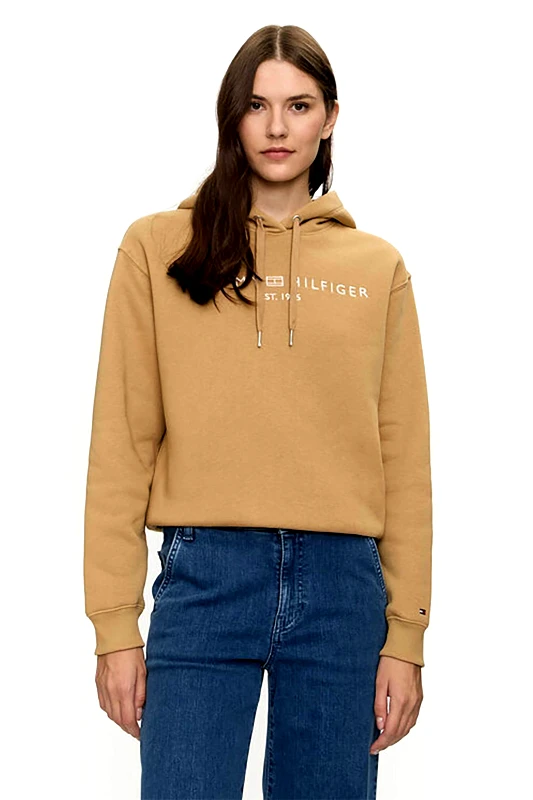 TOMMY HILFIGER Tommy Hilfiger γυναικεία μπλούζα φούτερ με κουκούλα και λογότυπο Regular Fit - WW0WW43598 Μπεζ