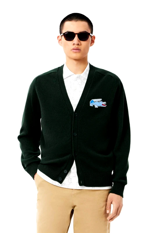 LACOSTE Lacoste ανδρική μάλλινη ζακέτα με λογότυπο Classic Fit - AH3053-00 Πράσινο Σκούρο