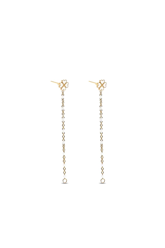 FOLLI FOLLIE Folli Follie γυναικεία επίχρυσα σκουλαρίκια αλυσίδα με άσπρο σμάλτο "Blissful Heart4Heart" - 1E23T104YW Χρυσό