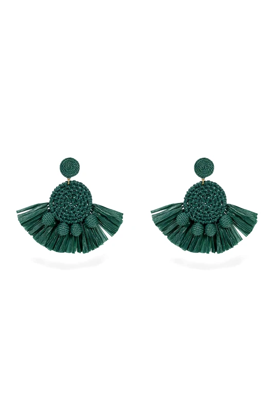 FOLLI FOLLIE Folli Follie γυναικεία κρεμαστά σκουλαρίκια πράσινη raffia σχήμα βεντάλια "Rustic Illusion" - 1E24Z128E Πράσινο
