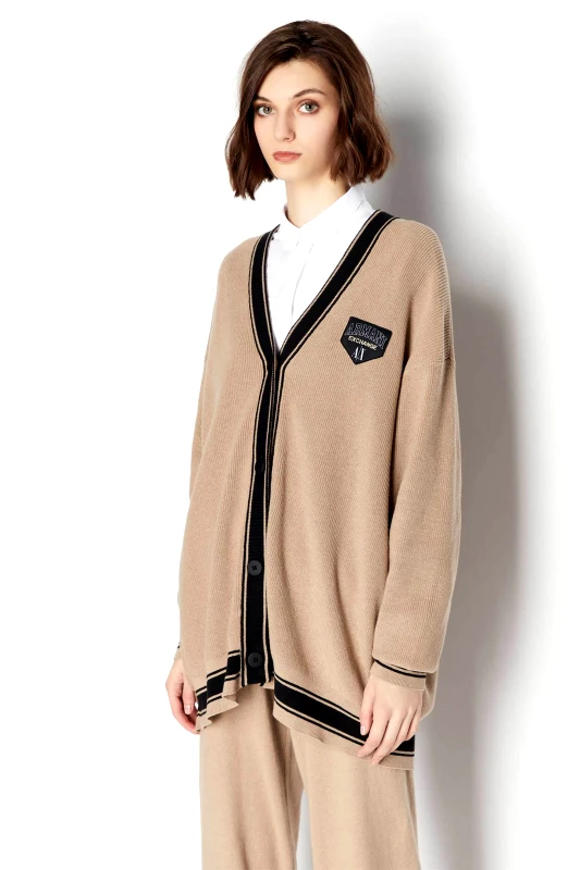 ARMANI EXCHANGE Armani Exchange γυναικεία πλεκτή ζακέτα από μαλλί και βαμβάκι μονόχρωμη με contrast τελειώματα - 6RYE2KYMX3Z Καμηλό