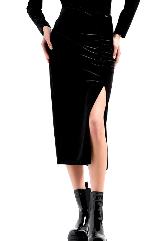 ARMANI EXCHANGE Armani Exchange γυναικεία ψηλόμεση midi φούστα με άνοιγμα και σούρες - 6DYN77YJ9WZ Μαύρο