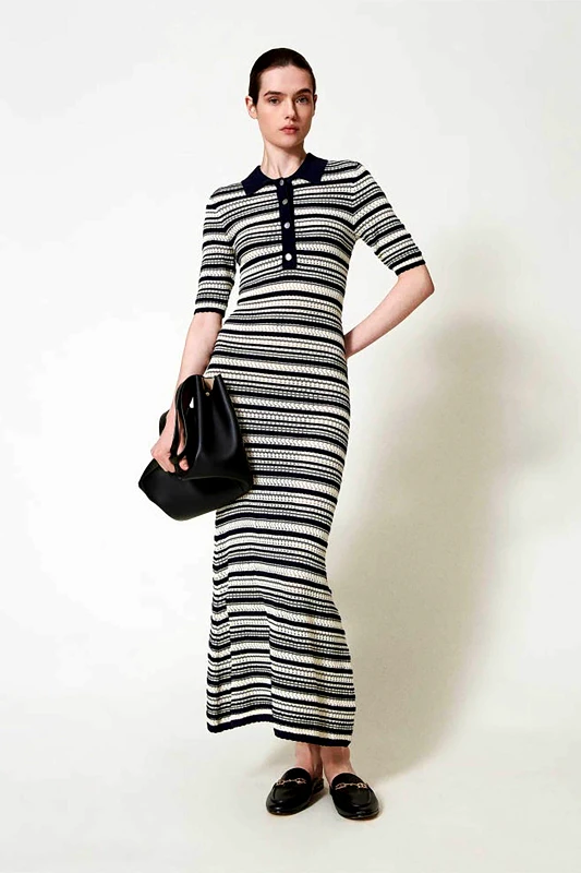 TWINSET Twinset γυναικείο φόρεμα maxi ριγέ με πόλο γιακά - 251TP3190 Μπλε Σκούρο