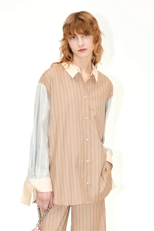 STINE GOYA Stine Goya γυναικείο πουκάμισο oversize ριγέ - SG-PS25-S014-2302 Μπεζ