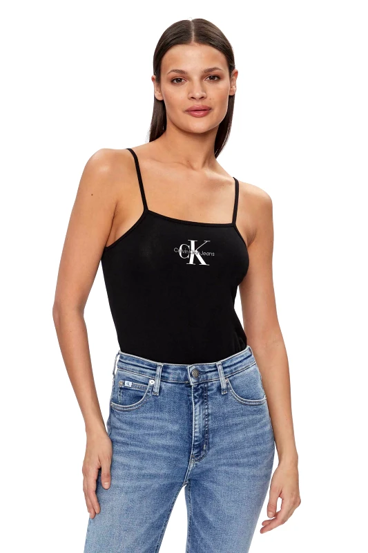 CALVIN KLEIN JEANS CK Jeans γυναικείο κορμάκι μονόχρωμο βαμβακερό με logo μπροστά - J20J223421 Μαύρο