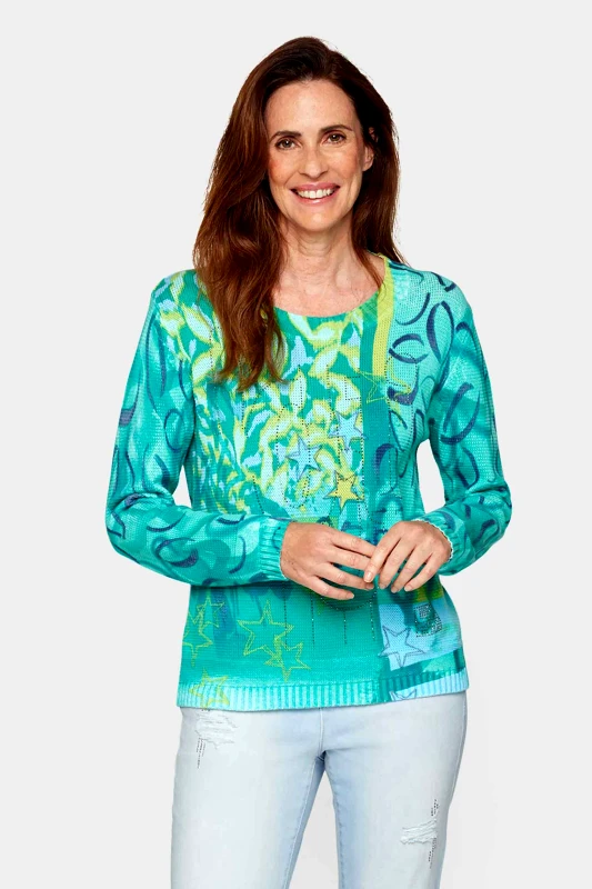 RABE Rabe γυναικείο πουλόβερ με graphic pattern και strass Straight Cut - 54-111600 Πράσινο Ανοιχτό
