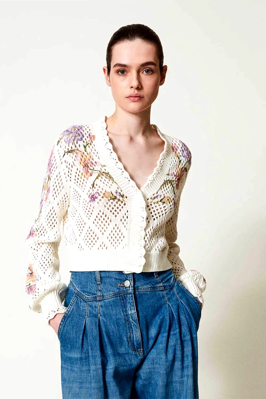 TWINSET Twinset γυναικεία πλεκτή ζακέτα με διάτρητο σχεδιο - 251TP3640 Εκρού