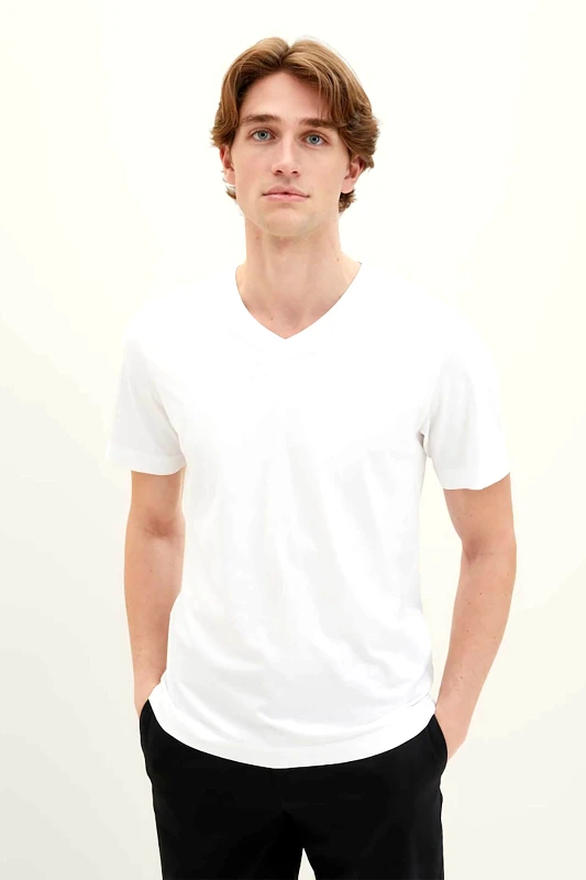 TOM TAILOR Tom Tailor σετ ανδρικά T-shirt μονόχρωμα με v λαιμόκοψη (2 τεμάχια) - 1037738 Λευκό