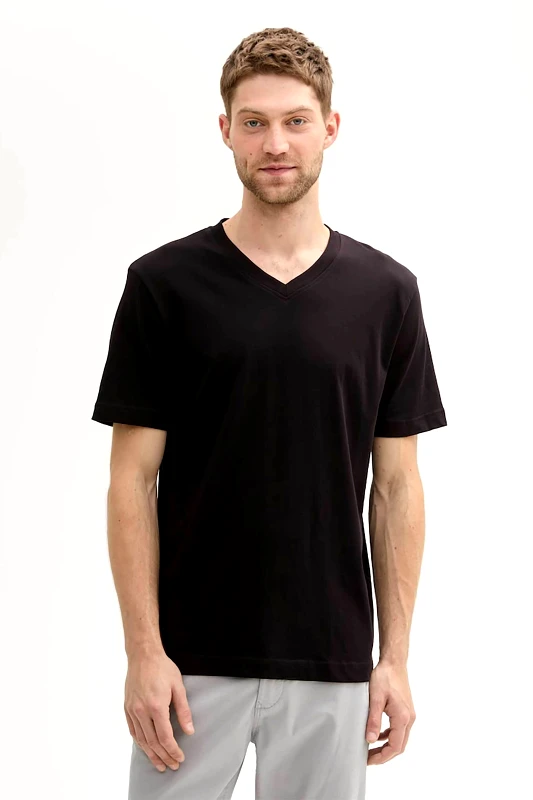 TOM TAILOR Tom Tailor σετ ανδρικά T-shirt μονόχρωμα με v λαιμόκοψη (2 τεμάχια) - 1037738 Μαύρο