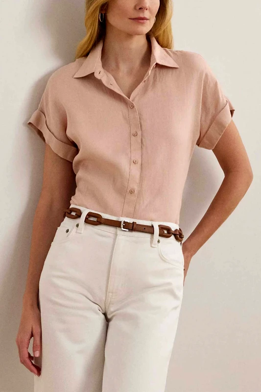 LAUREN RALPH LAUREN Lauren Ralph Lauren γυναικείο λινό πουκάμισο με κοντό μανίκι Relaxed Fit - 200699152053 Ροζ