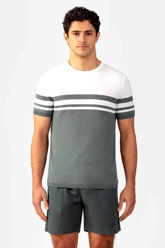 RON DORFF Ron Dorff ανδρικό πλεκτό T-shirt δίχρωμο Tapered Fit - 19TS1929B Λαδί