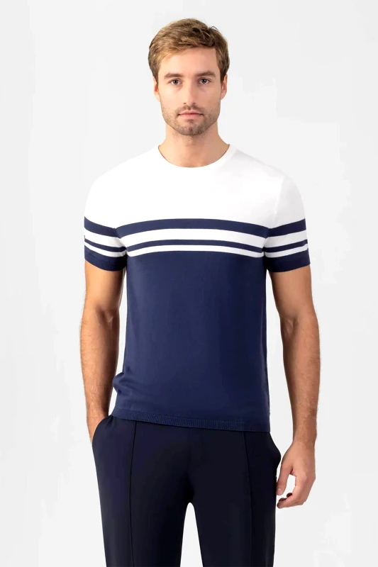 RON DORFF Ron Dorff ανδρικό πλεκτό T-shirt δίχρωμο Tapered Fit - 19TS1929B Μπλε