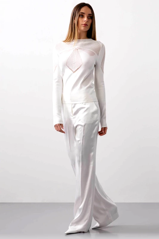 BCBGMAXAZRIA BCBGMAXAZRIA γυναικεία πλεκτή μπλούζα με διάτρητο σχέδιο - 23SKT118KN02 Λευκό