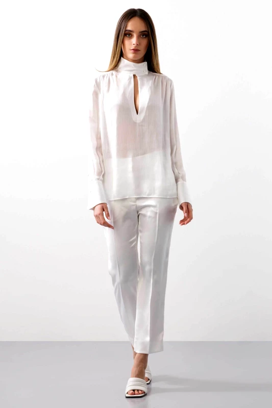 BCBGMAXAZRIA BCBGMAXAZRIA γυναικεία μπλούζα με ψηλή λαιμόκοψη και φαρδιά μανσέτα - 23SRT078VI05 Λευκό