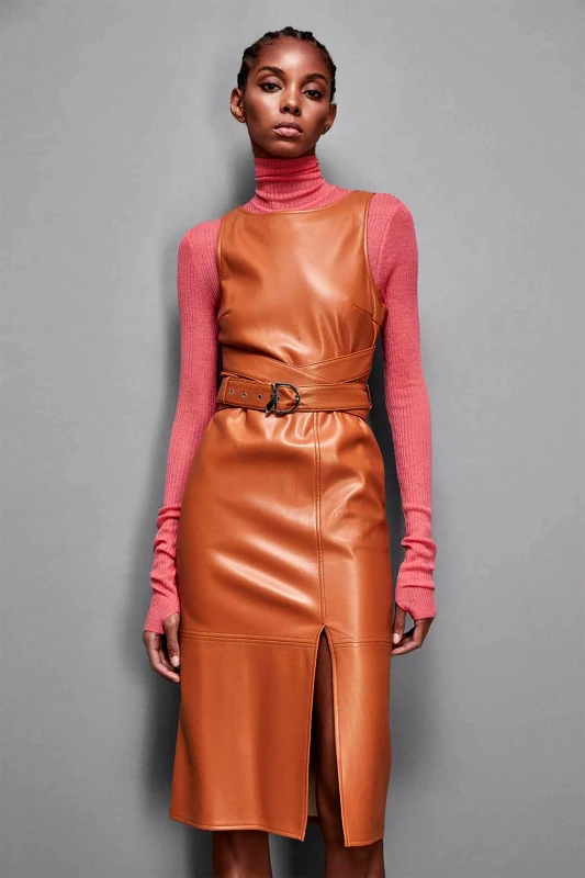 PATRIZIA PEPE Patrizia Pepe γυναικείο mini αμάνικο φόρεμα με άνοιγμα και ασορτί ζώνη Slim Fit - 2A2851E005 Καφέ