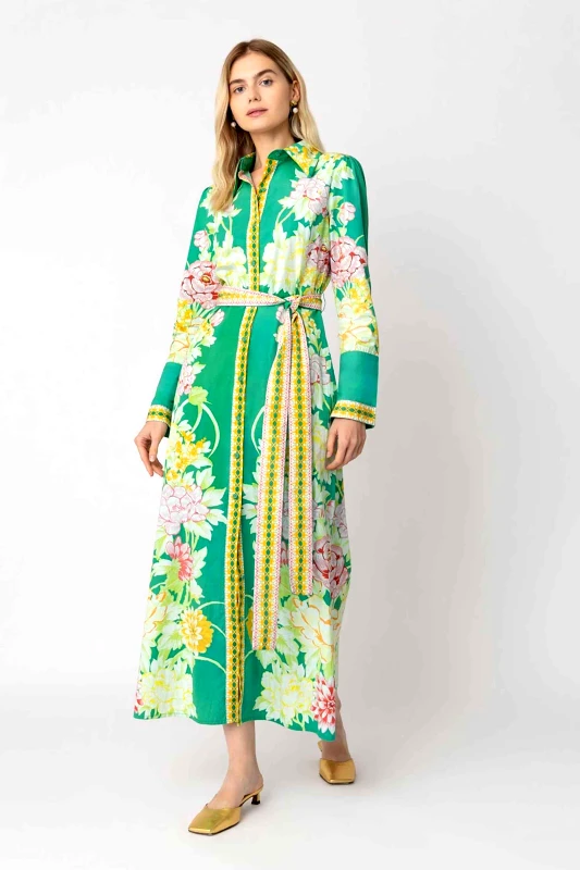 RAISHMA Raishma γυναικείο φόρεμα midi με floral print "Ava" - AW2378GR Πράσινο