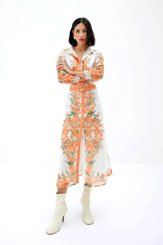 RAISHMA Raishma γυναικείο φόρεμα midi με floral print "Rose" - RS23OR Πορτοκαλί