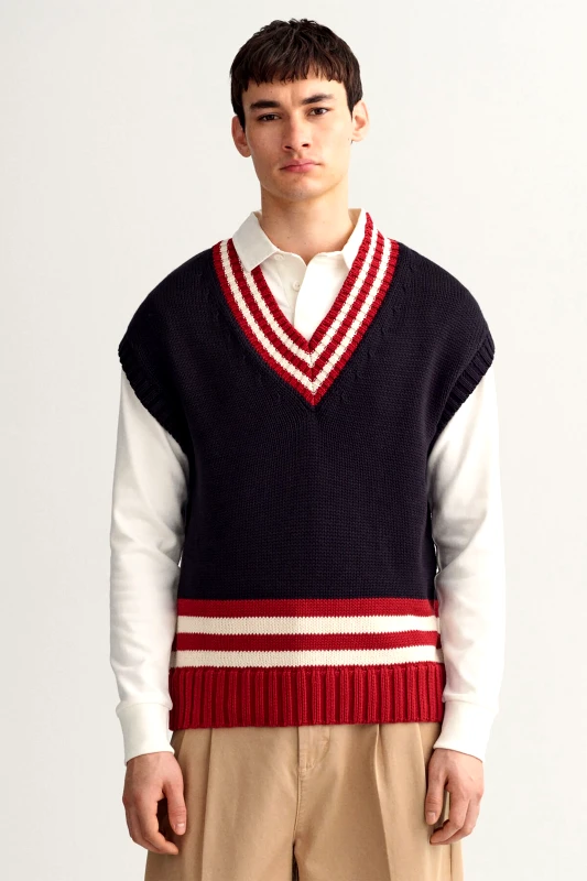 GANT Gant ανδρικό πλεκτό γιλέκο με ριγέ σχέδιο Oversized Fit - 8030144 Κόκκινο