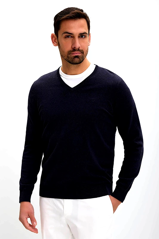 COMMANDER Commander ανδρικό πουλόβερ μονόχρωμο με V λαιμόκοψη Regular Fit - D240000061106103 Μπλε Σκούρο