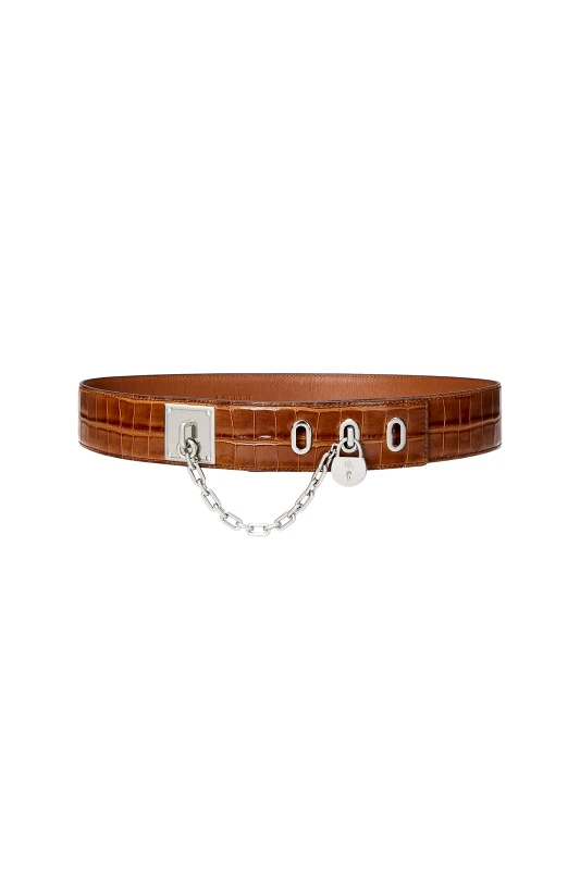 LAUREN RALPH LAUREN Lauren Ralph Lauren γυναικεία δερμάτινη ζώνη με croco print και chain padlock - 412945226003 Καφέ
