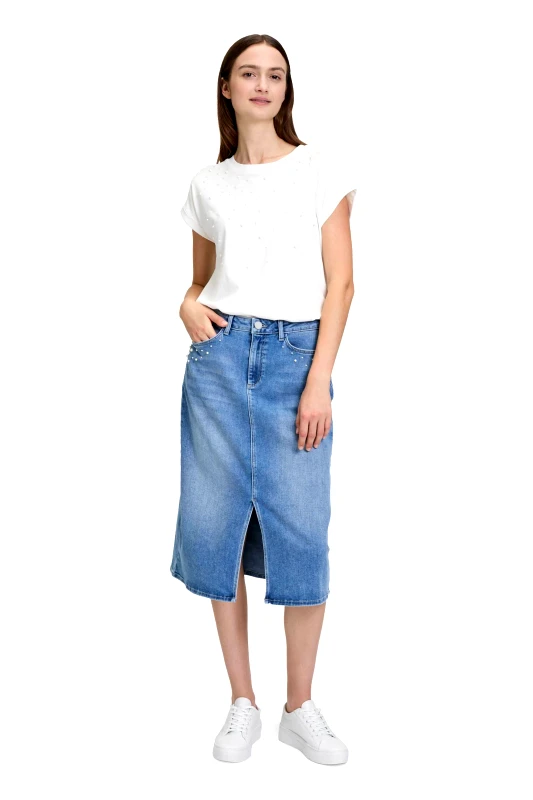 BETTY & CO BETTY & CO γυναικεία midi φούστα denim πεντάτσεπη με πέρλες - 9023/3304 Denim Blue