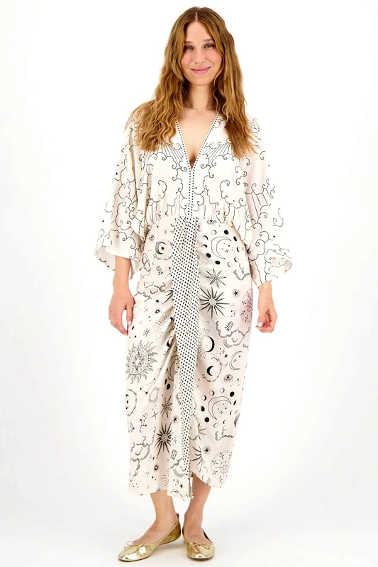 ME369 ME369 γυναικείο κιμονό midi με all-over print "Sophia Kimono Zodiac" - 70845/SS25 Εκρού